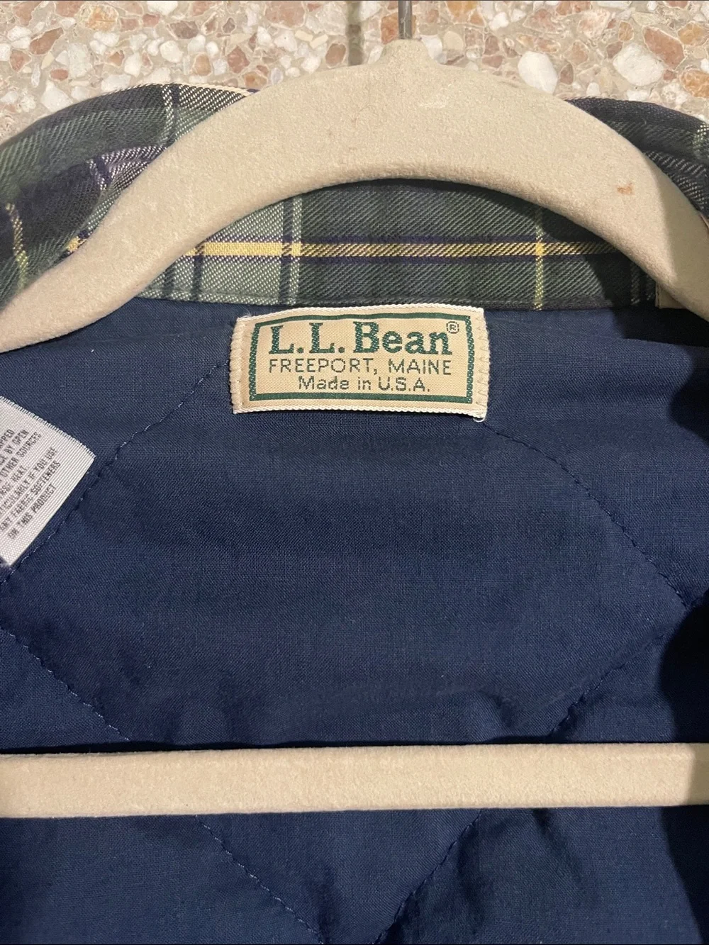 L.L. Bean Vintage Navy, White & Green Plaid Button-Down Flannel Shirt